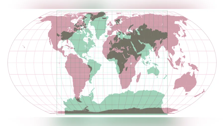 Mondmapo: projekcioj "Equal Earth" rozkolore; projekcioj de Mercator verdkolore.